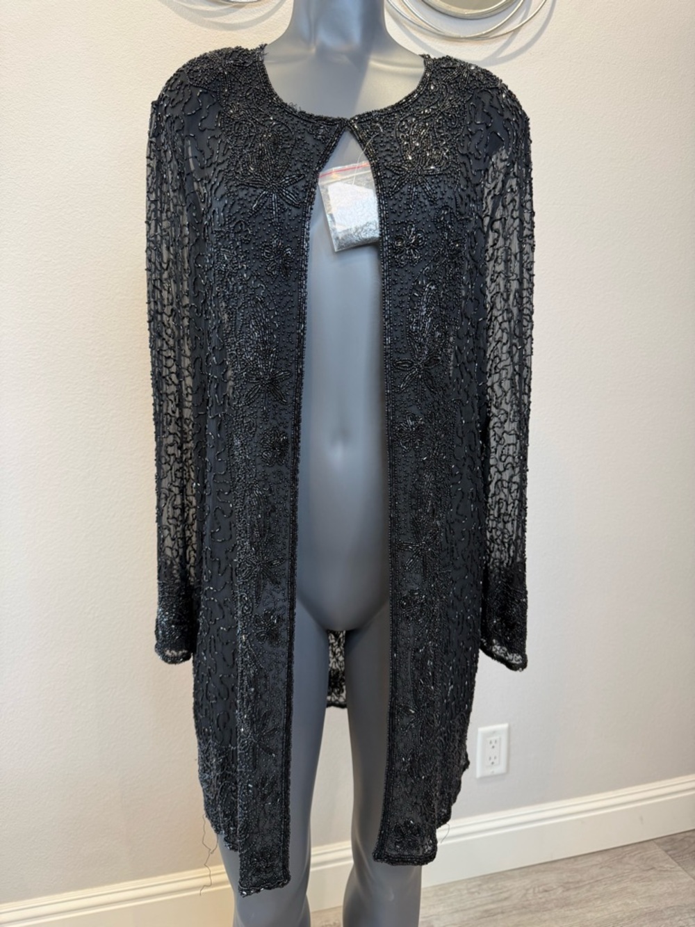 Hand Beaded Tunic Length Sheer Black Formal Jacket women’s size M/L Boutique
